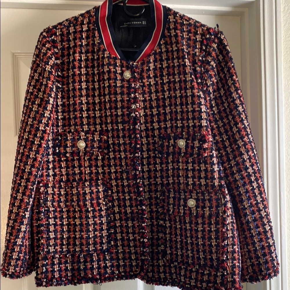 Zara Red and Black Tweed Blazer with Tailored Silhouette